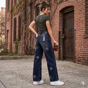 Cali 1850 Rhinestone Rose Wide Leg Jeans Women’s Size 3/26 Black Wash Y2K